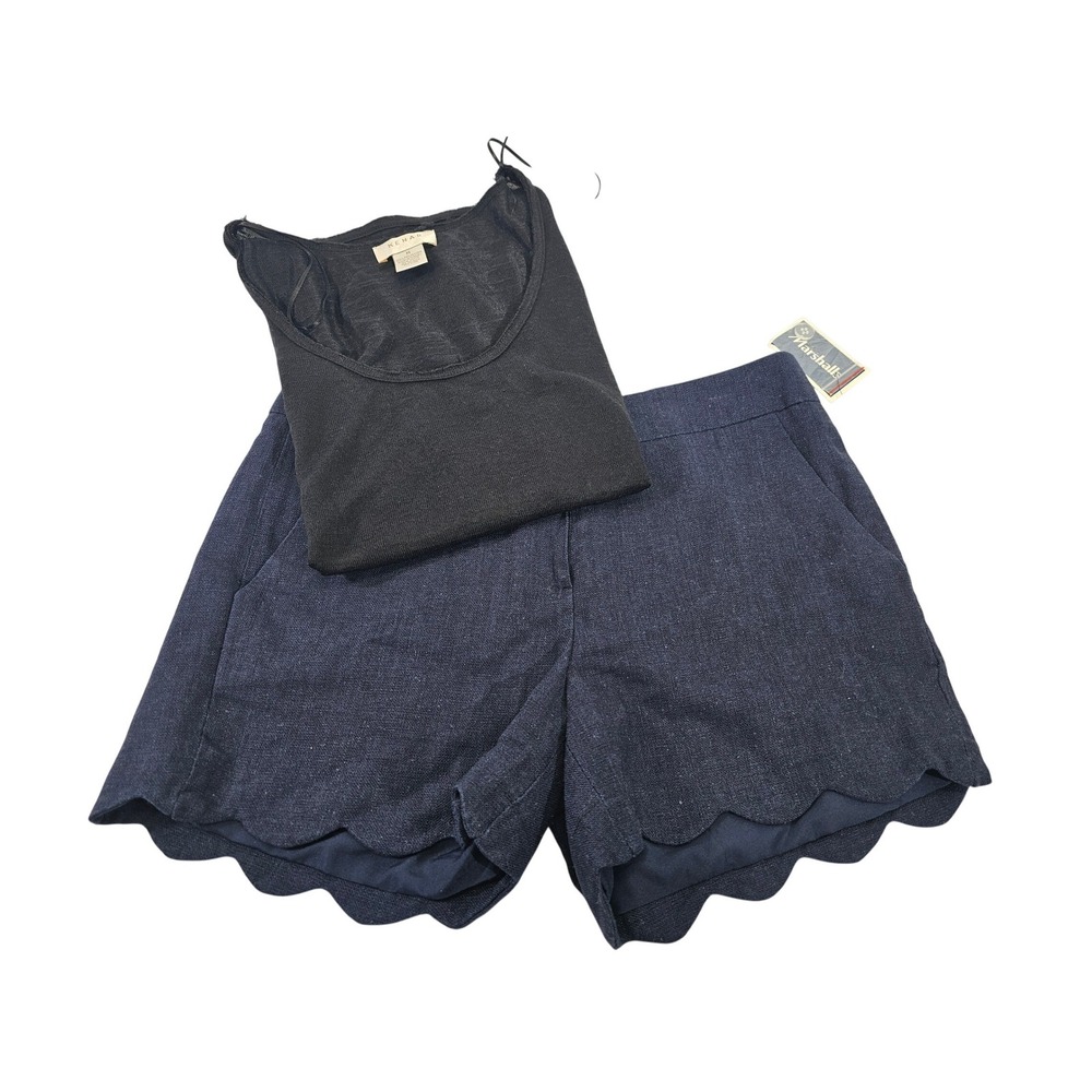 Cynthia Rowley Shorts Kenar Top Womens 4/M Navy Solid Scalloped Linen Blend Set